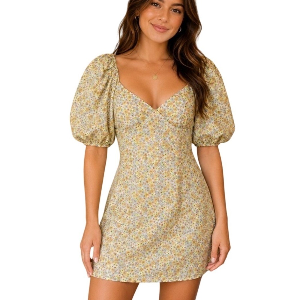 Zara Womens Yellow Floral Puff Sleeve Sweetheart Mini Dress Size M Boho Summer